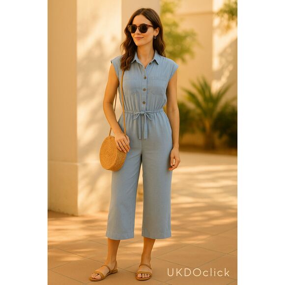 Universal Thread Chambray Jumpsuit Blue Sleeveless Button Front Size 12 - Picture 4 of 6